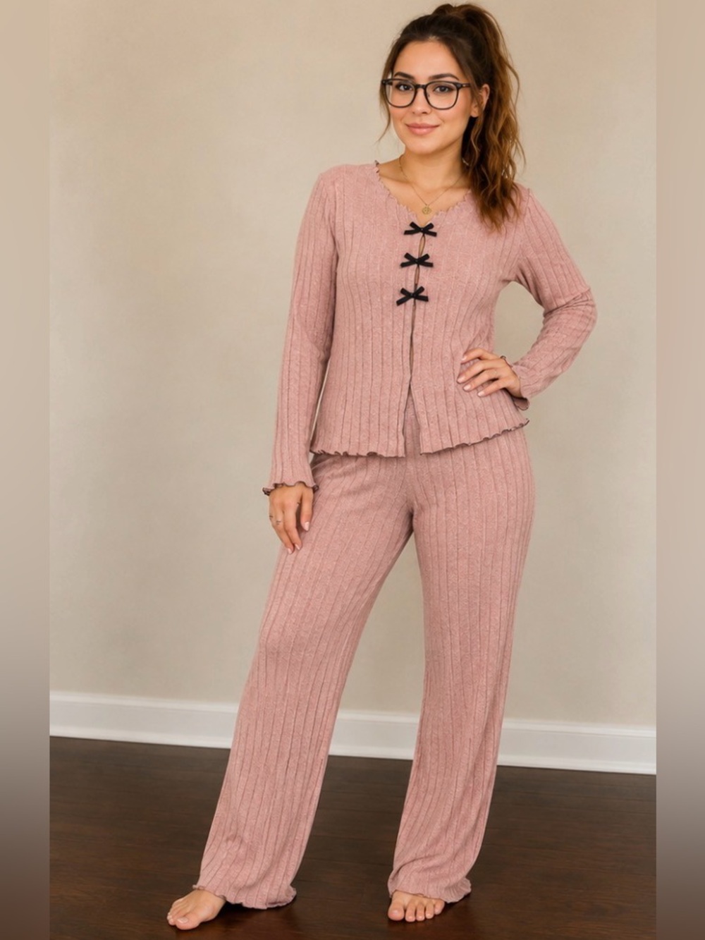 Boutique Pink Ribbed Bow Pajama Lounge Set Size XL NWOT
